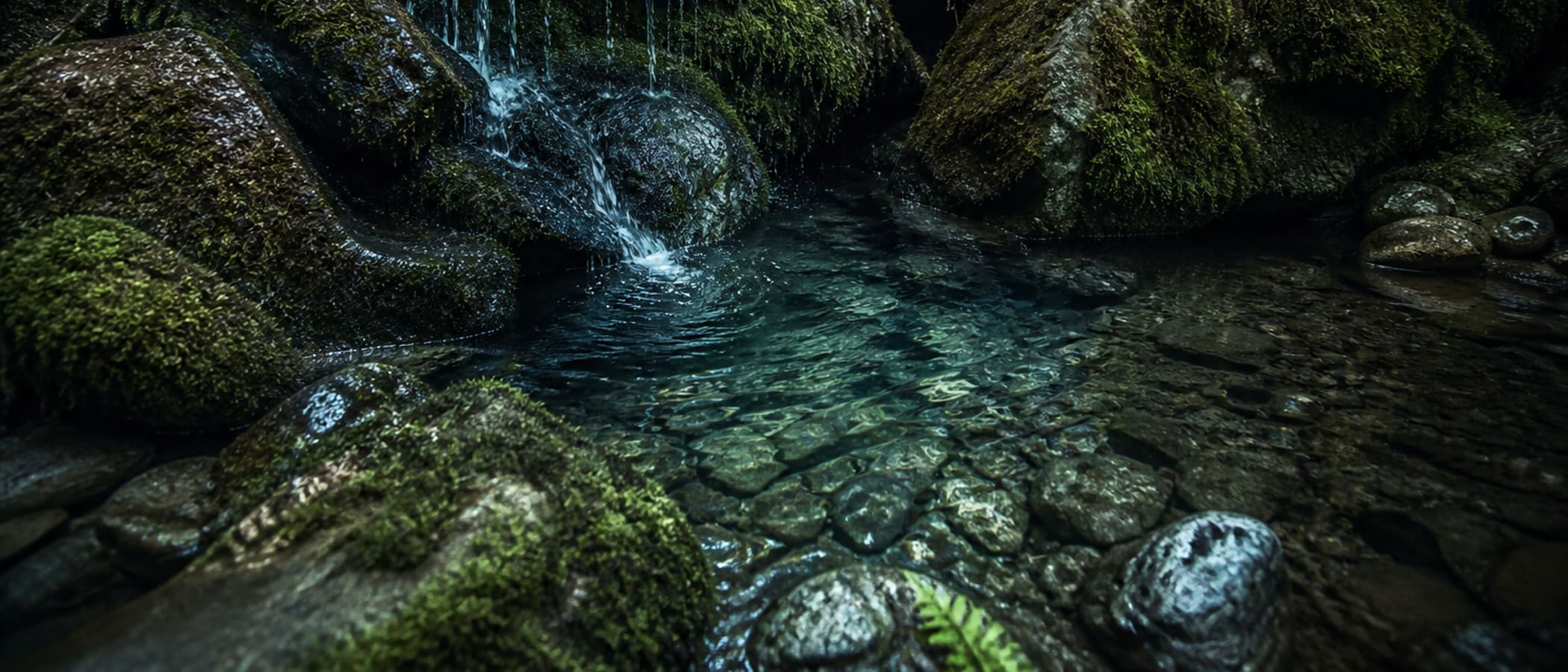 Clear spring water seeping from mossy stones into a forest pool, a drinking water source to collect and treat