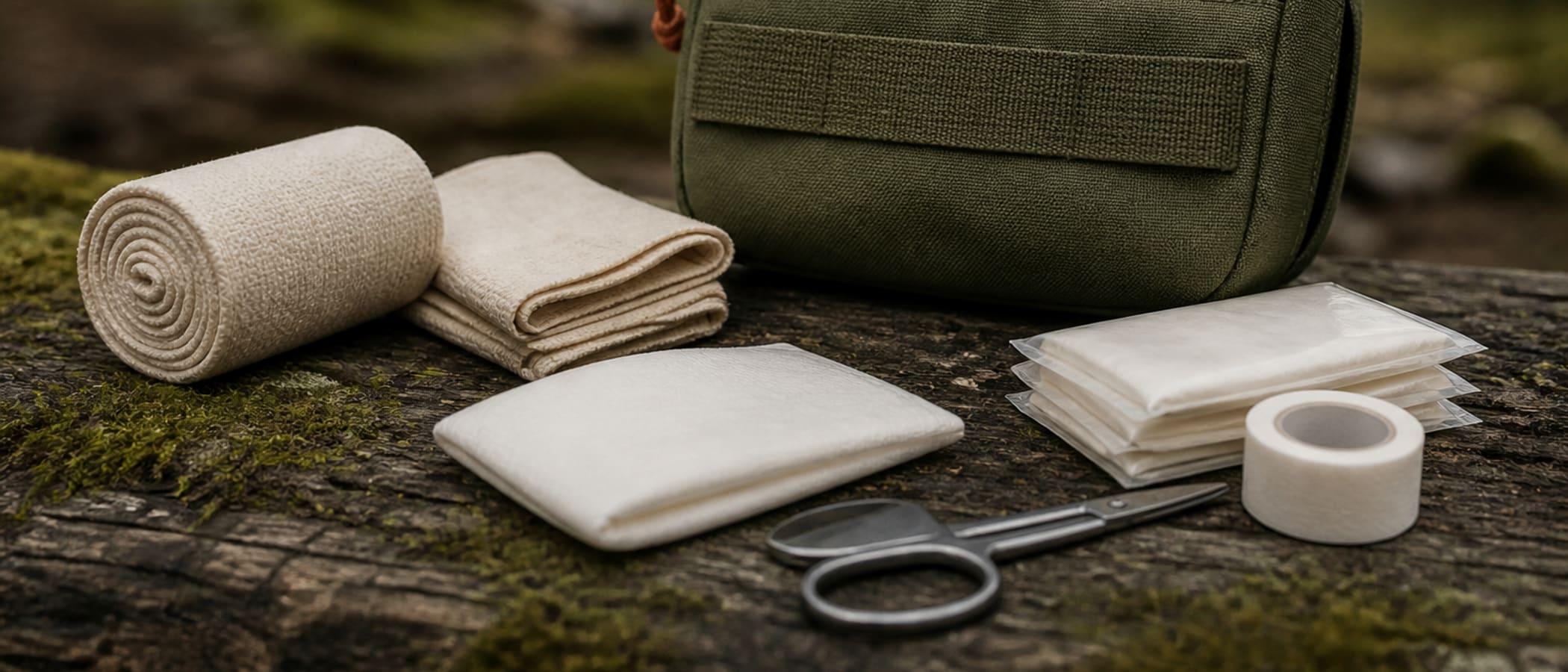 Field first-aid bandage and cloth wrap laid on mossy wood