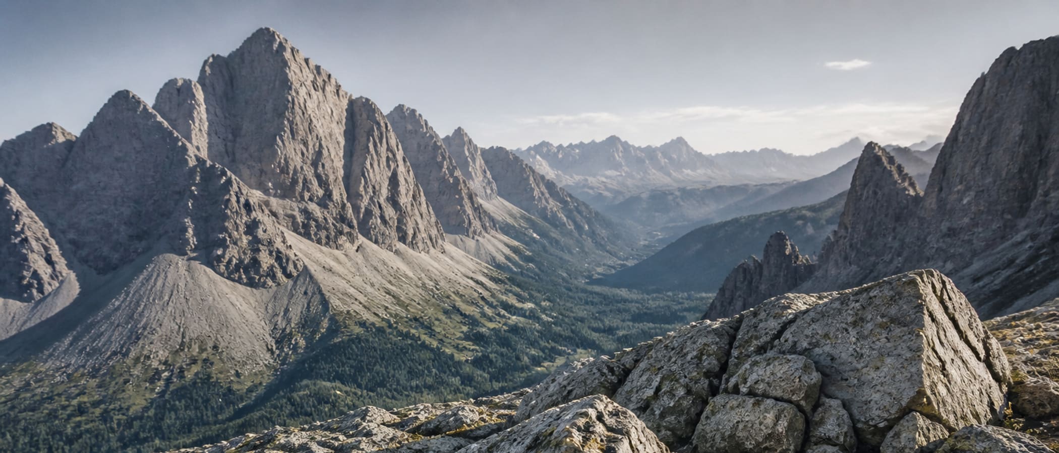 Alpine timberline ridge below rocky peaks, the mountain survival environment of wind, cold and fast-building weather