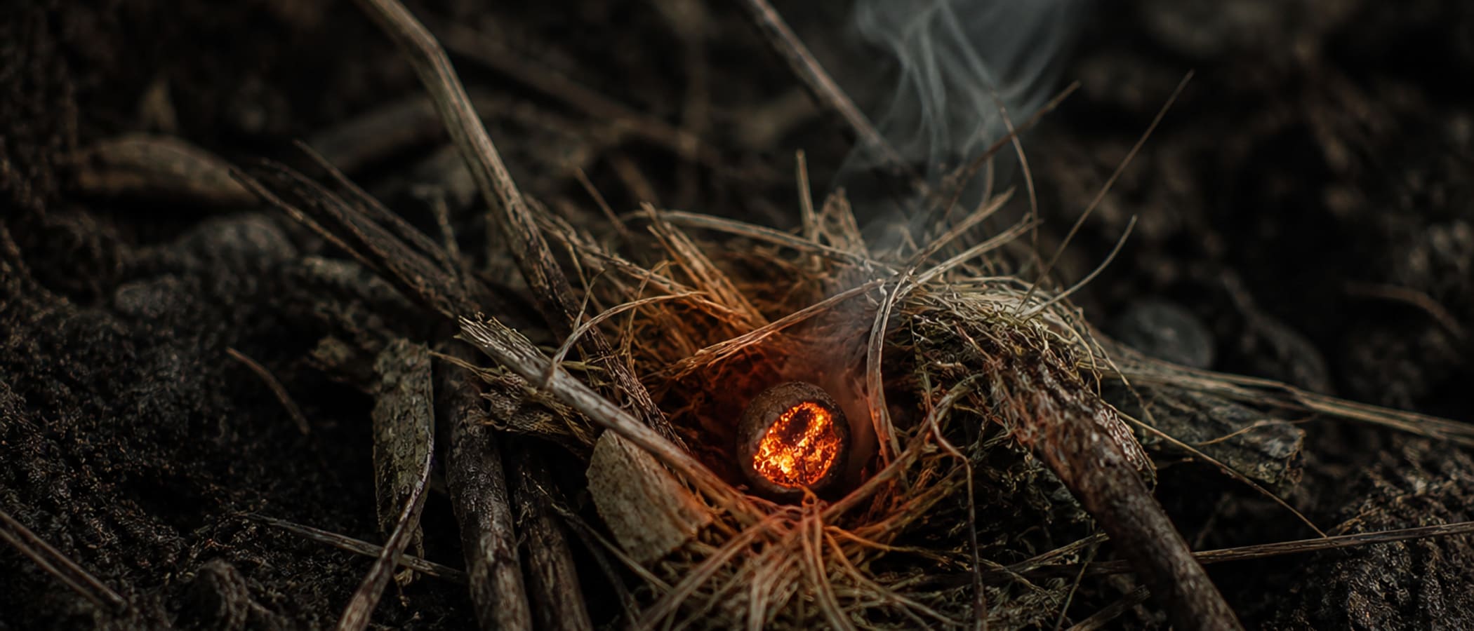 Friction fire ember glowing in a tinder nest of dry grass and bark fibre, the goal of every primitive fire method