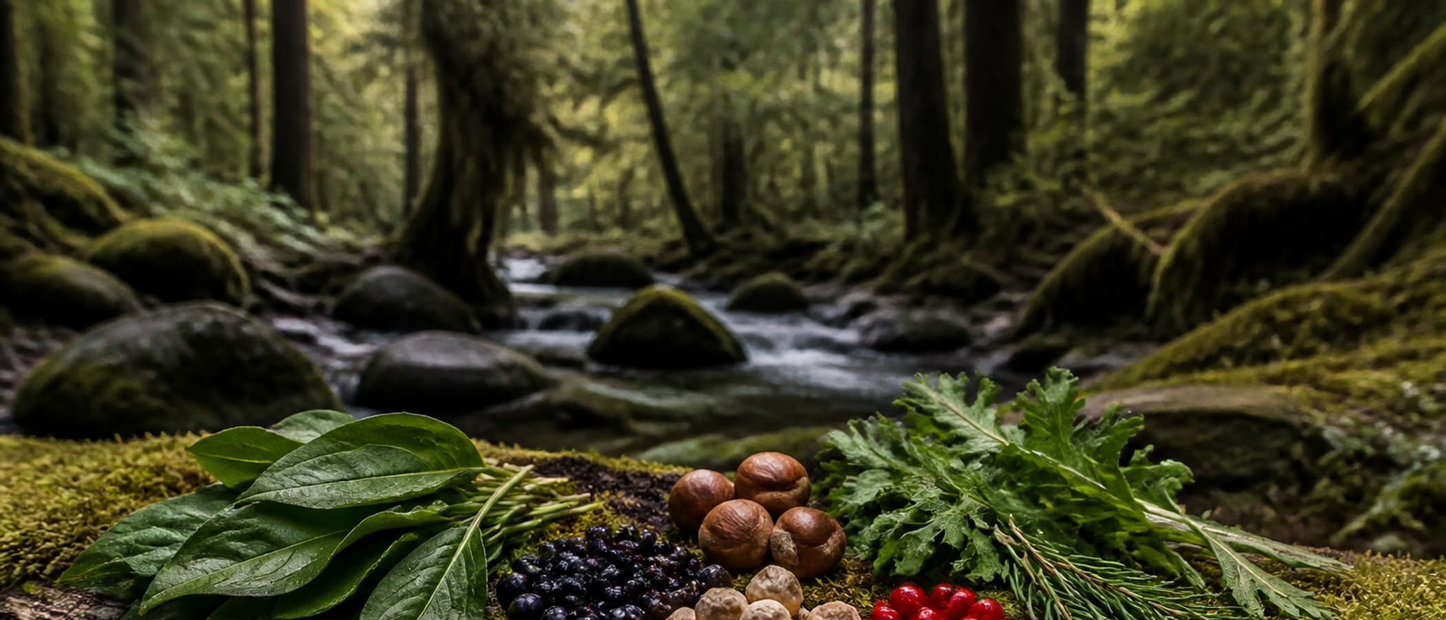 Foraged wild berries, greens and nuts laid out on bark and moss, the calorie sources of primitive survival food