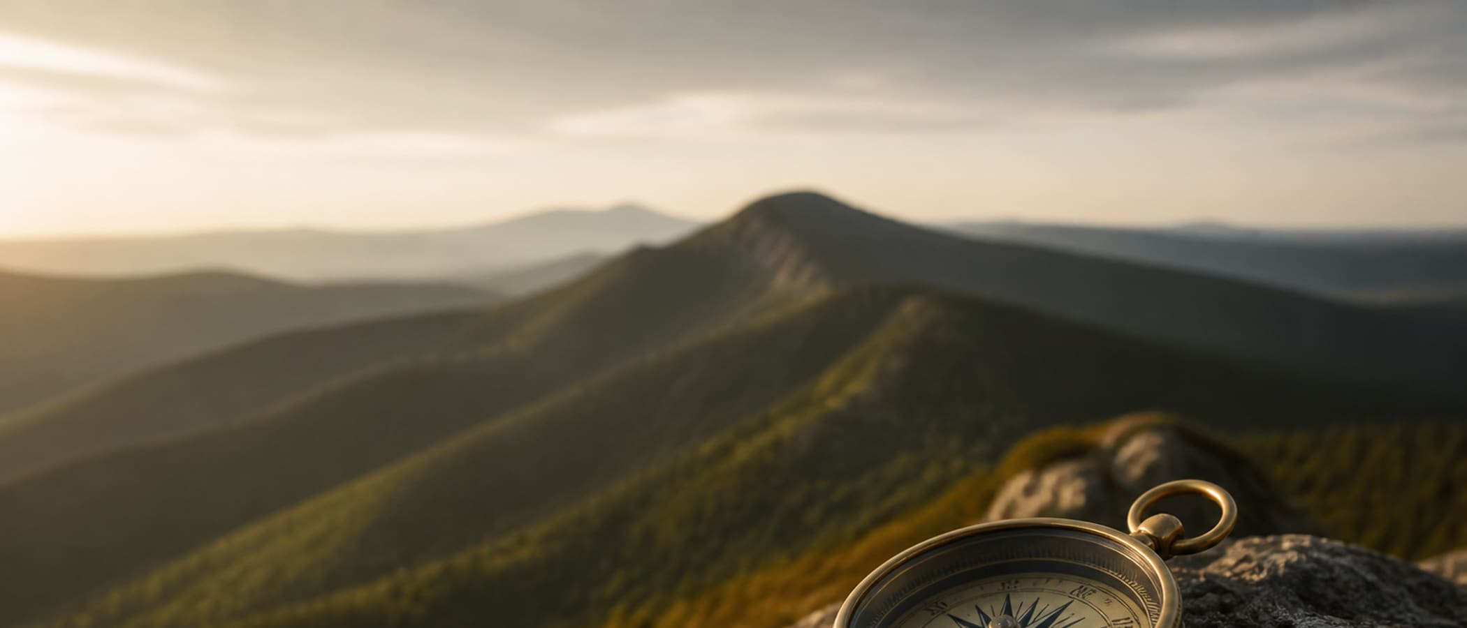 Brass compass on weathered stone above forested ridges, the core tool of wilderness navigation and orientation