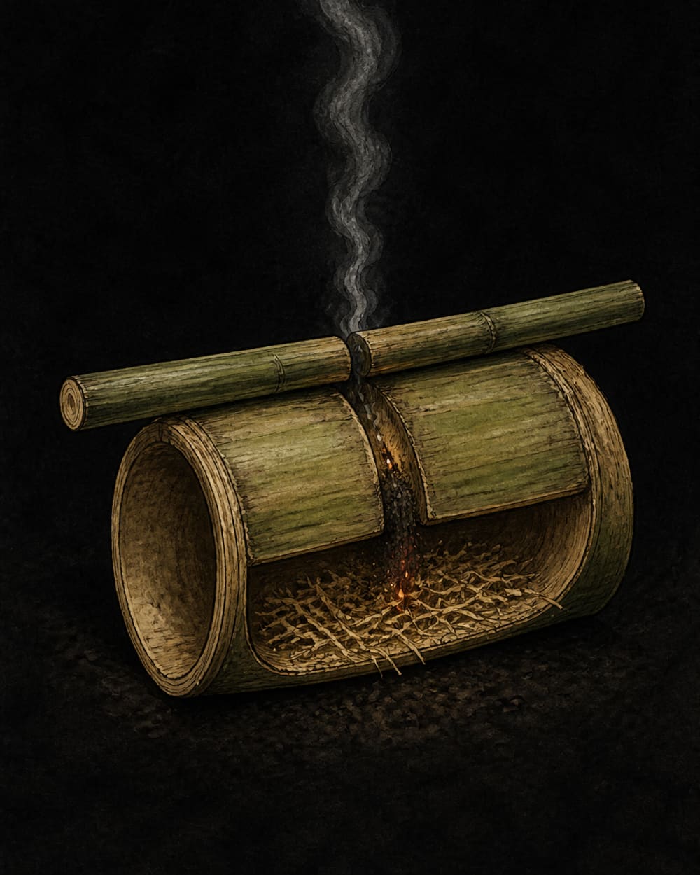Bamboo fire saw: a split bamboo tube notched across its back, sawn by a second bamboo strip, dust falling into shavings packed inside