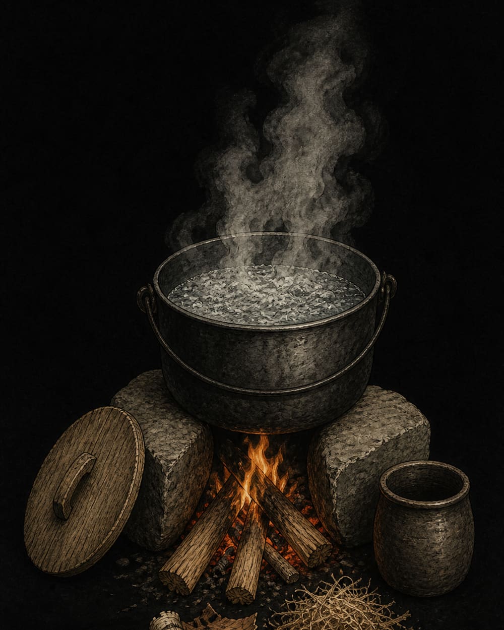 A soot-blackened pot of water at a rolling boil on stones over a small wood fire, with a lid and a cooling container beside it