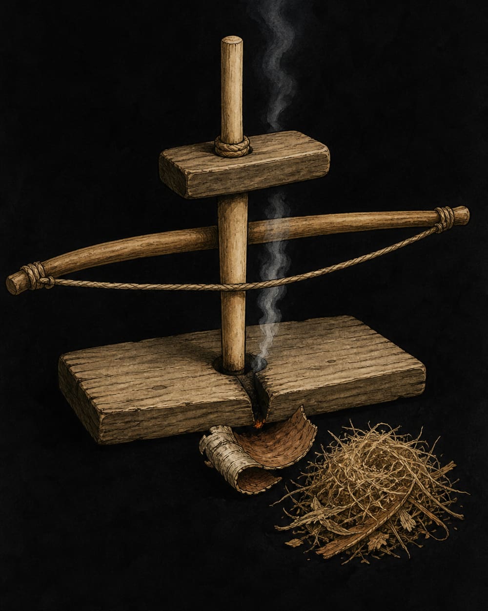 Assembled bow drill fire set: corded bow, spindle, bearing block and hearth board, with a bark coal catcher and tinder nest