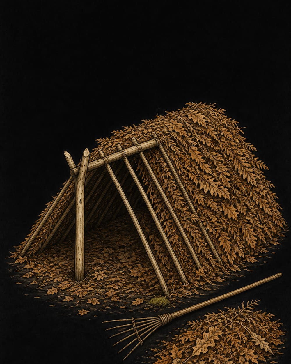 Debris hut half built: a ridge pole on a forked stump, ribbing sticks leaned on either side, deep leaf thatch over the finished half