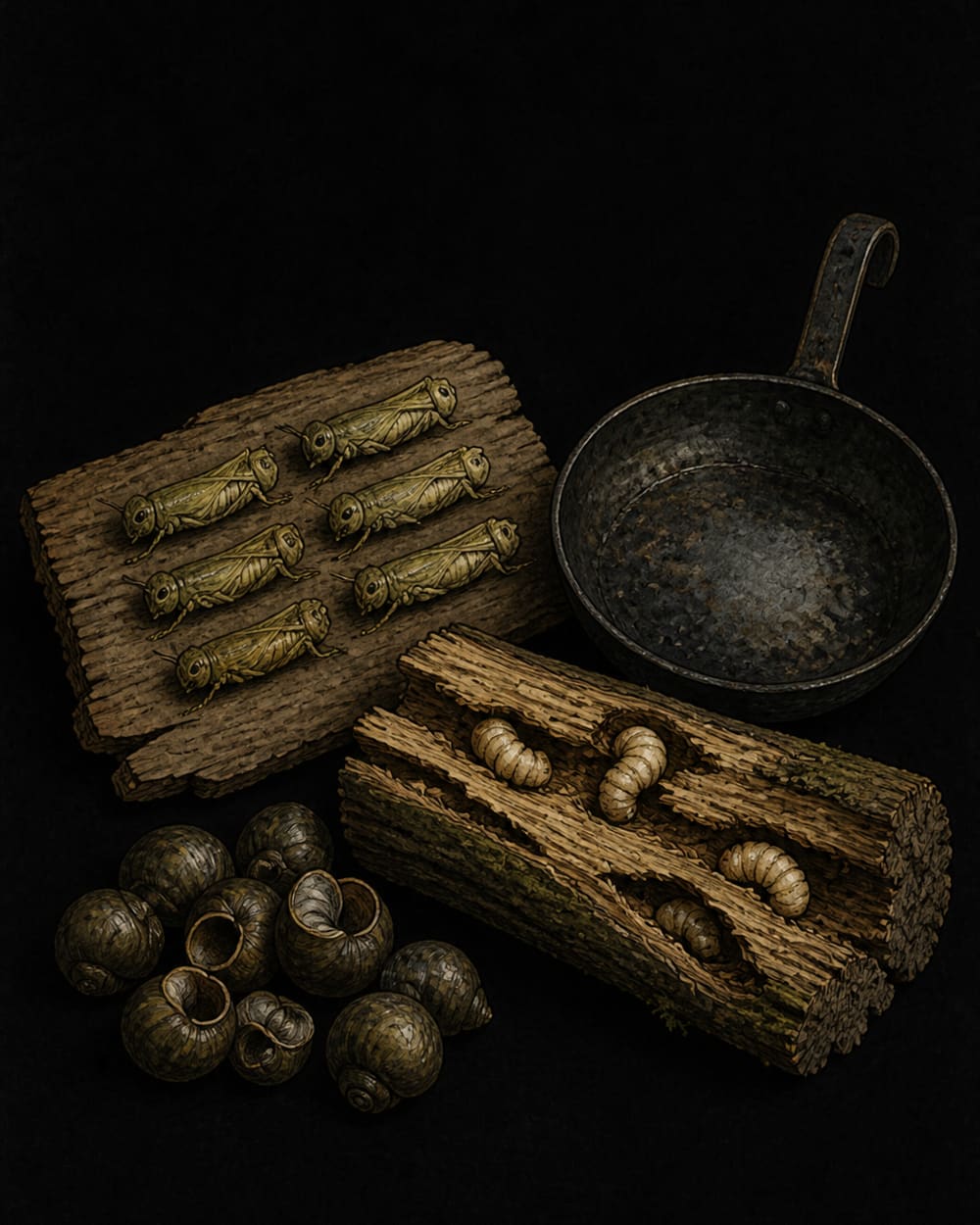 Foraged survival protein: grasshoppers on bark, pale grubs in a split log, freshwater snails and a fire-blackened pan for cooking them