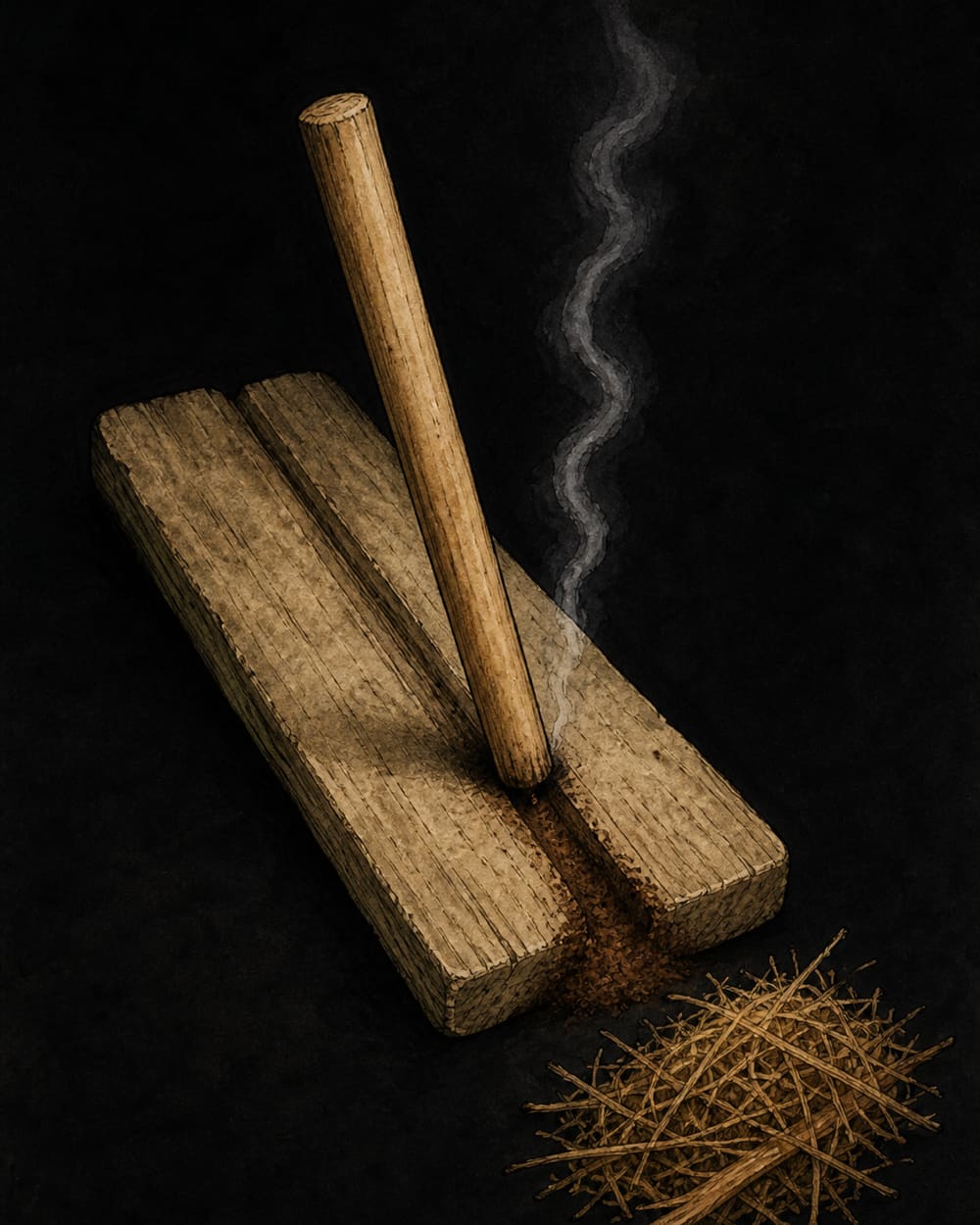 Fire plow set: a hardwood plow stick angled into a worn groove on a flat softwood base, dark powder smoking at the end of the groove