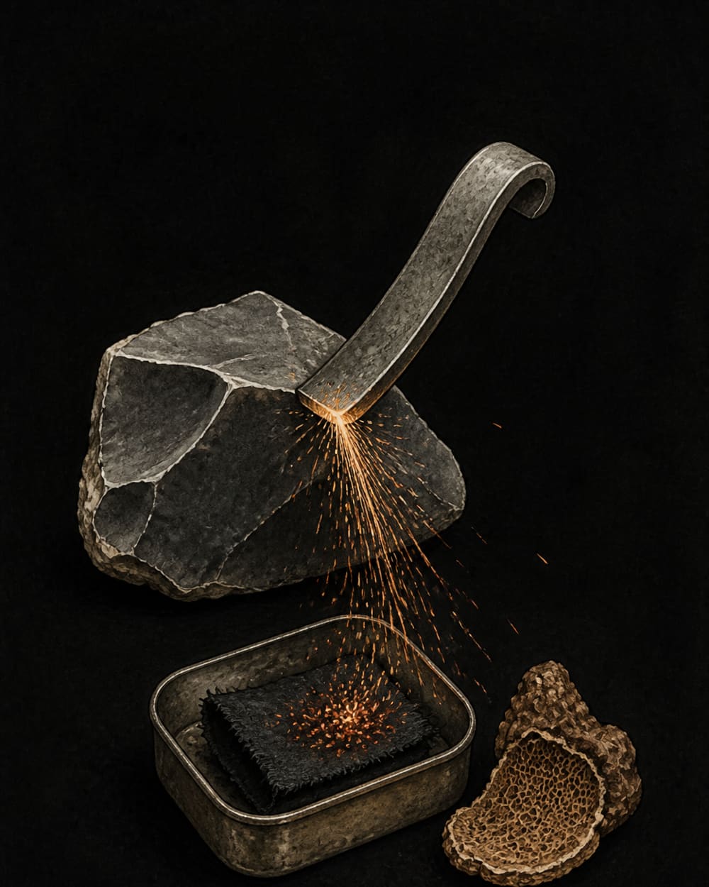 Percussion fire kit: a steel striker throwing sparks off dark flint into a tin of char cloth, with tinder fungus alongside