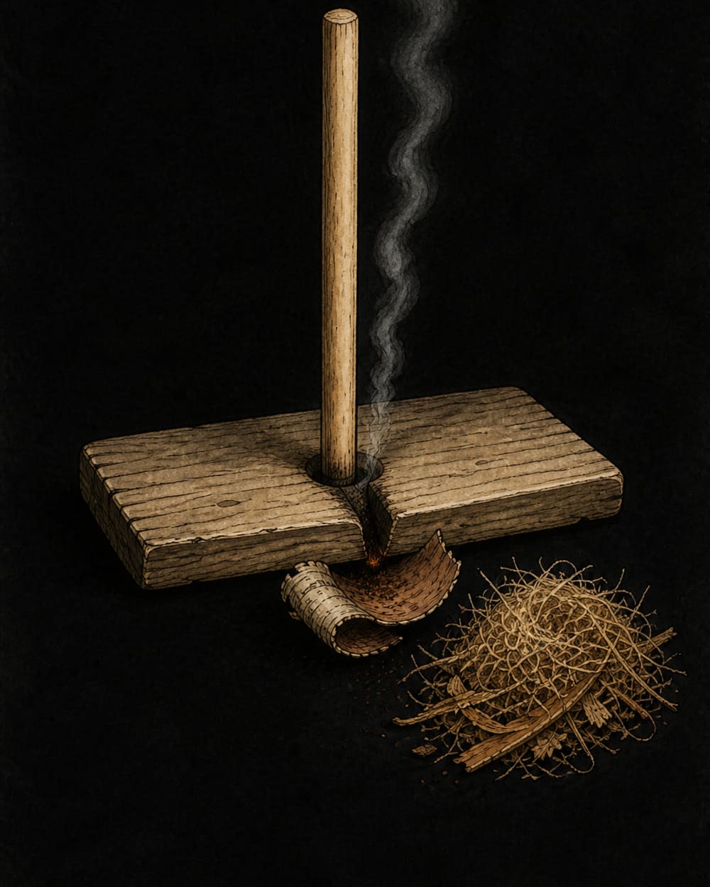 Hand drill fire set with a slender spindle upright in a hearth board socket, smoking dust falling through the V-notch onto bark
