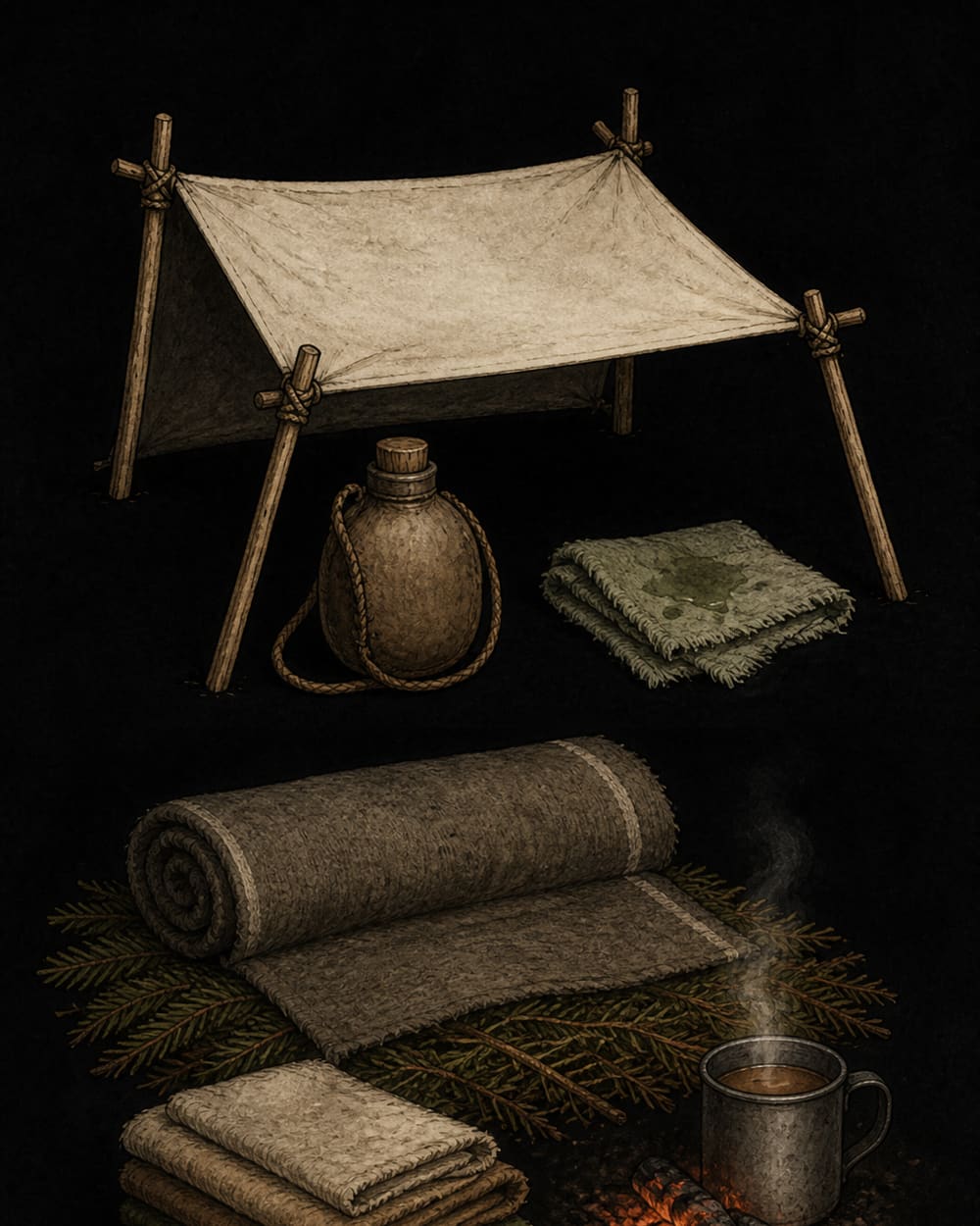 Field care for heat and cold: a stretched shade tarp with water and a damp cloth above, and a dry bedroll, spare layers and a warm drink below