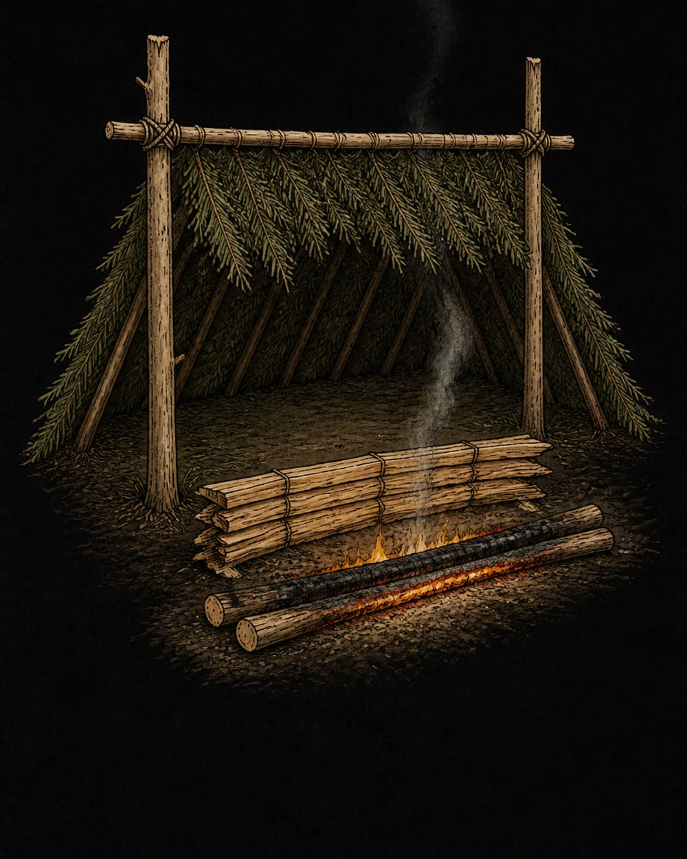 Lean-to shelter of poles thatched with evergreen boughs against a lashed ridge pole, with a long fire burning in front of the opening