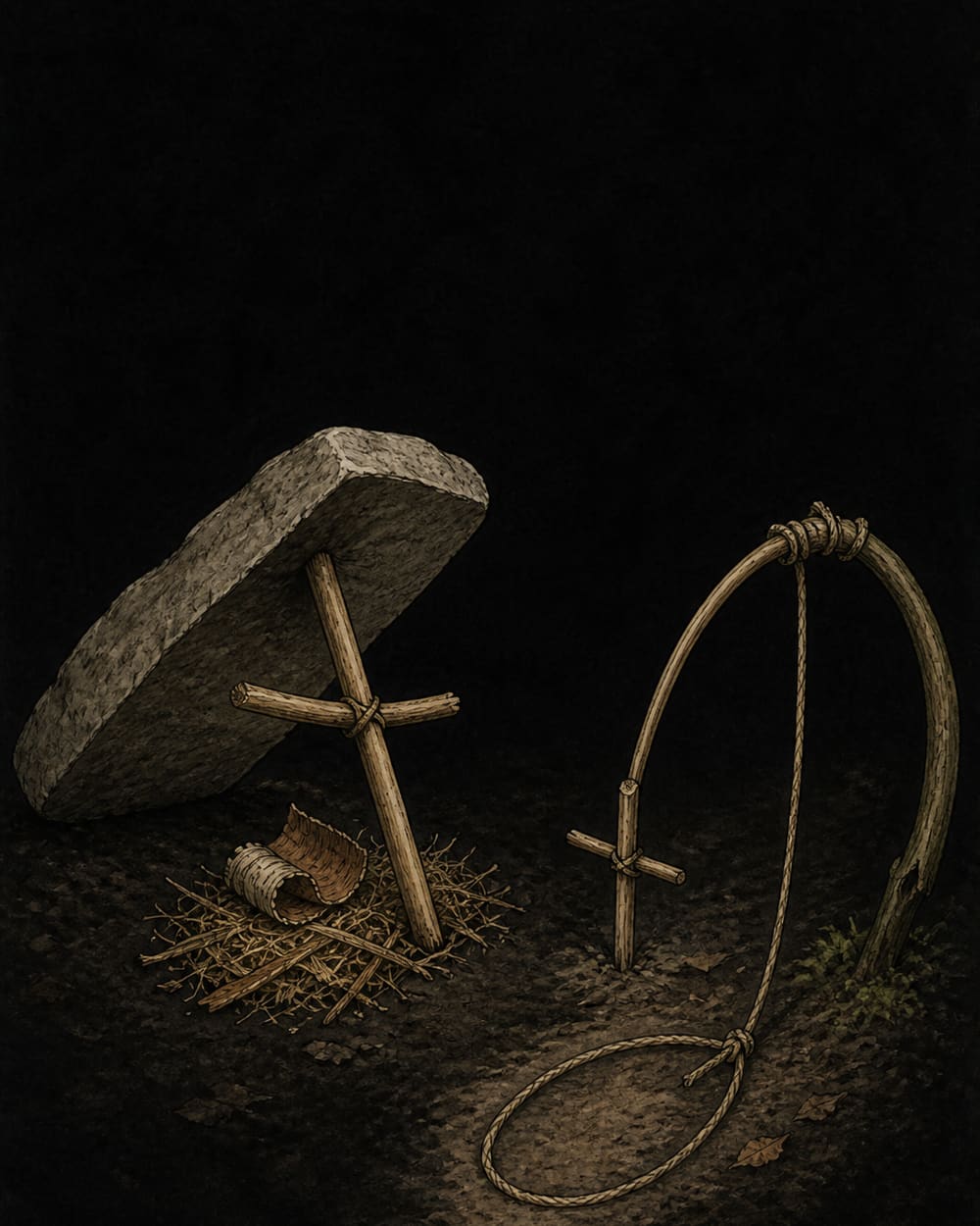 Two primitive traps: a figure-four deadfall propping a flat stone over bait, and a twitch-up snare holding a fibre noose open