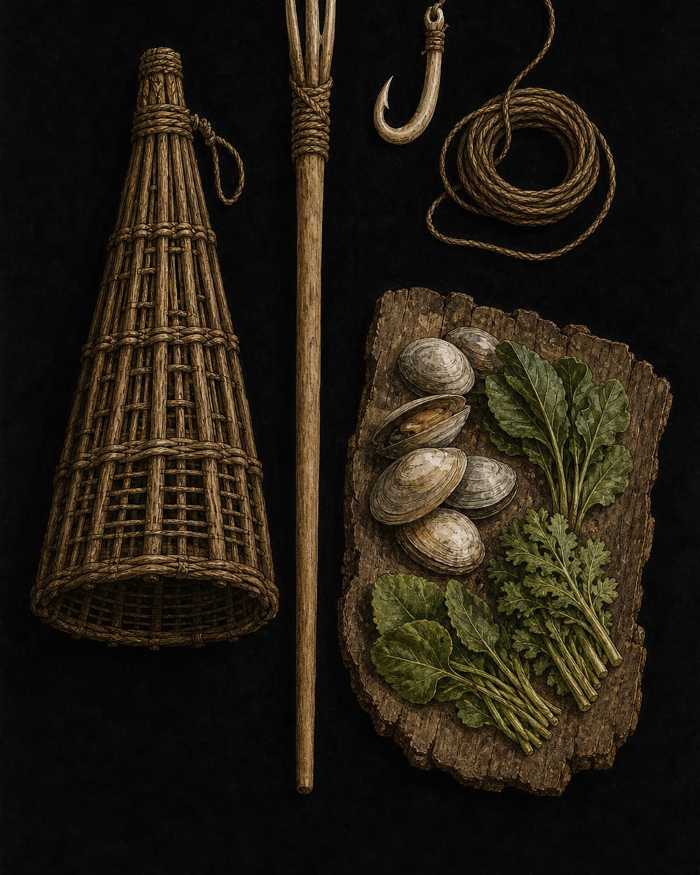 Primitive fishing and gathering kit: bone hook and fibre line, a woven basket trap, a fish spear, and foraged shellfish and greens on bark