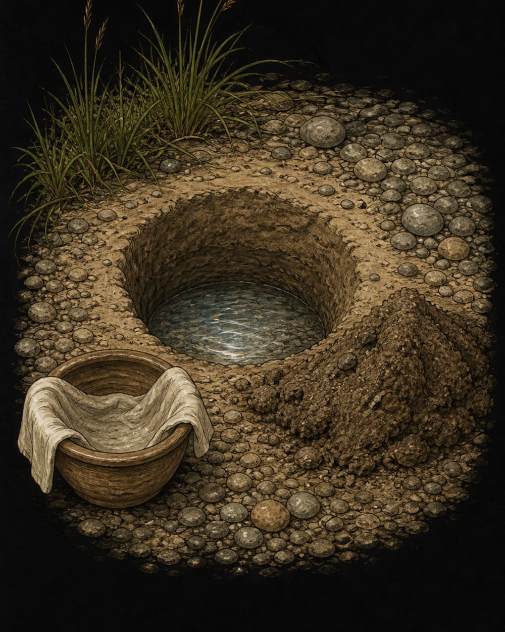 Hand-dug seep well filling with clear groundwater in the damp sand of a dry riverbed, a straining cloth and container ready