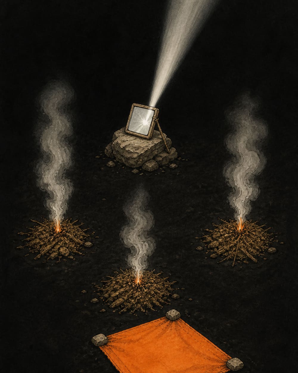 Rescue signalling set: a signal mirror flashing skyward, three smoky fires in a triangle, and an orange ground panel pinned by stones