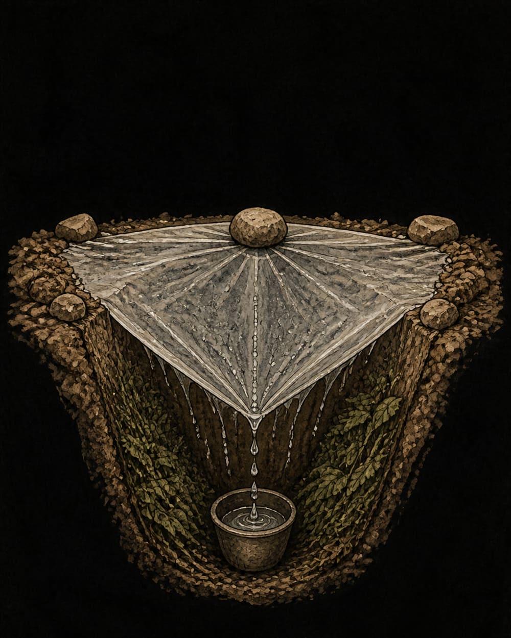 Cut-away of a solar pit still: a stone-weighted plastic sheet over a dug pit, condensation running down the underside into a container