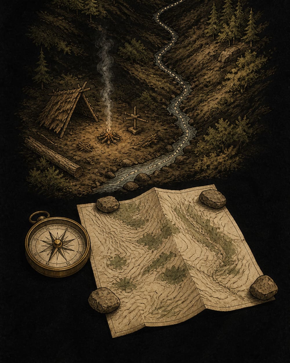 Stay-or-go study: a camp with a signal fire and water beside a dotted route following a drainage out, with a compass and hand-drawn map