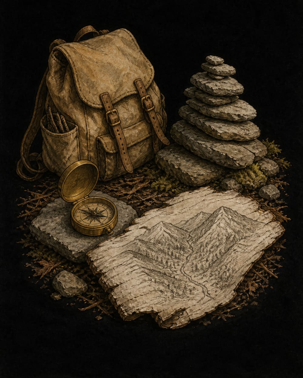 Terrain association kit: a pack set down by a stone cairn, an open brass compass, and a ridge and drainage map sketched on bark
