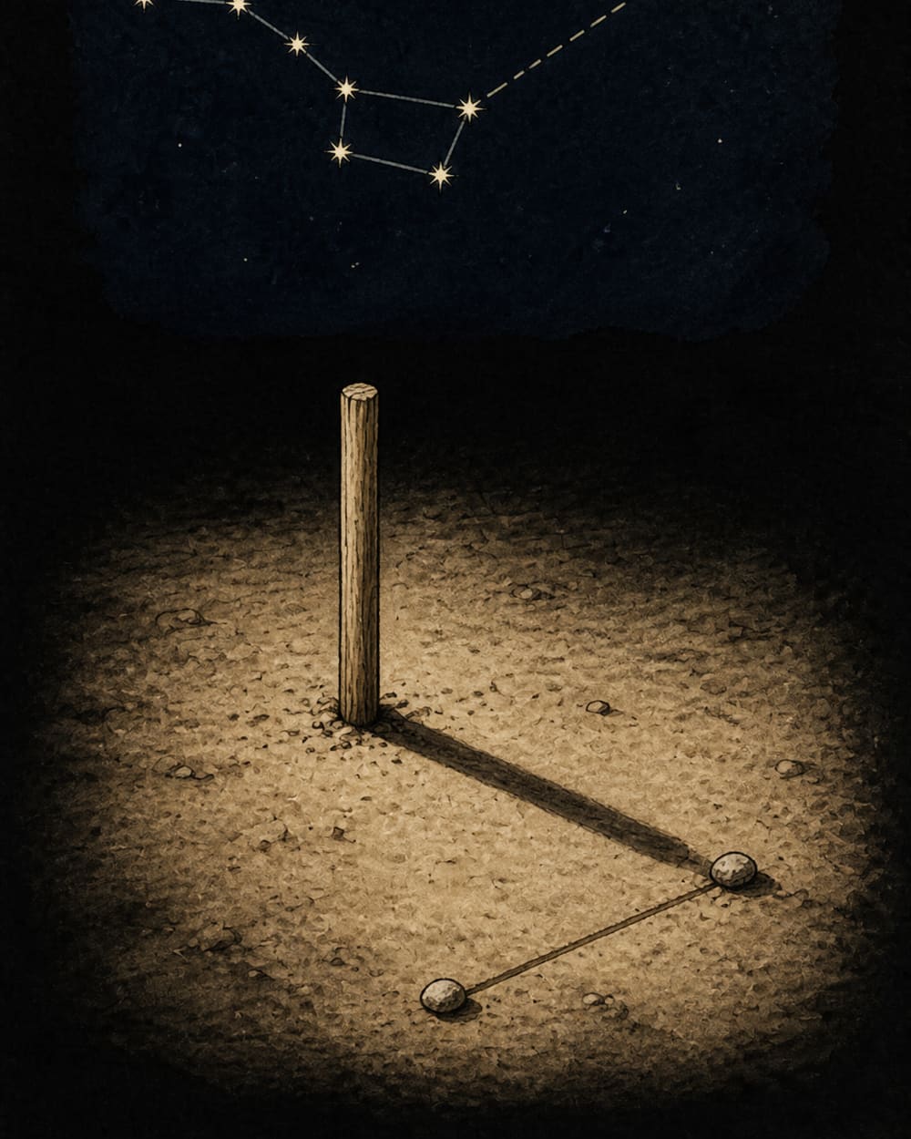 Orientation without a compass: a shadow stick with pebbles marking two shadow tips, and above it the Big Dipper pointing at the pole star