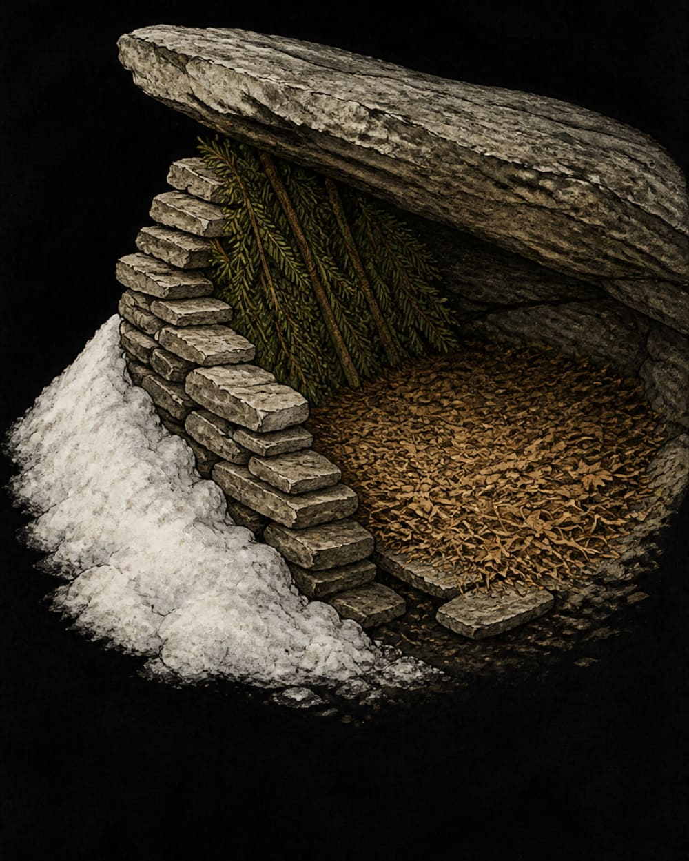 Terrain shelter under a rock overhang, closed off with a stacked stone wall and boughs, snow banked along the outside of the wall